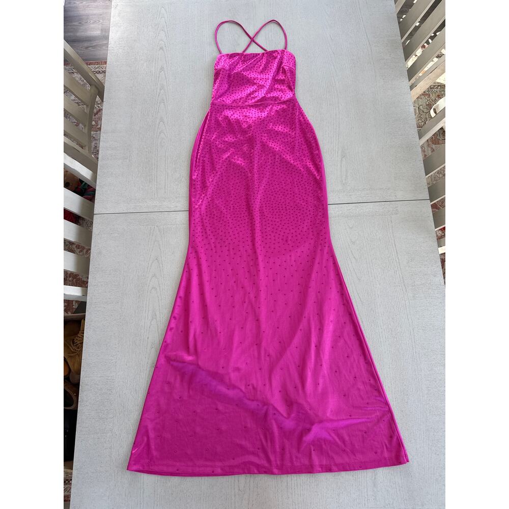 Lulus Radiant Stunner Hot Pink Satin Rhinestone Lace Up Maxi Prom Dress